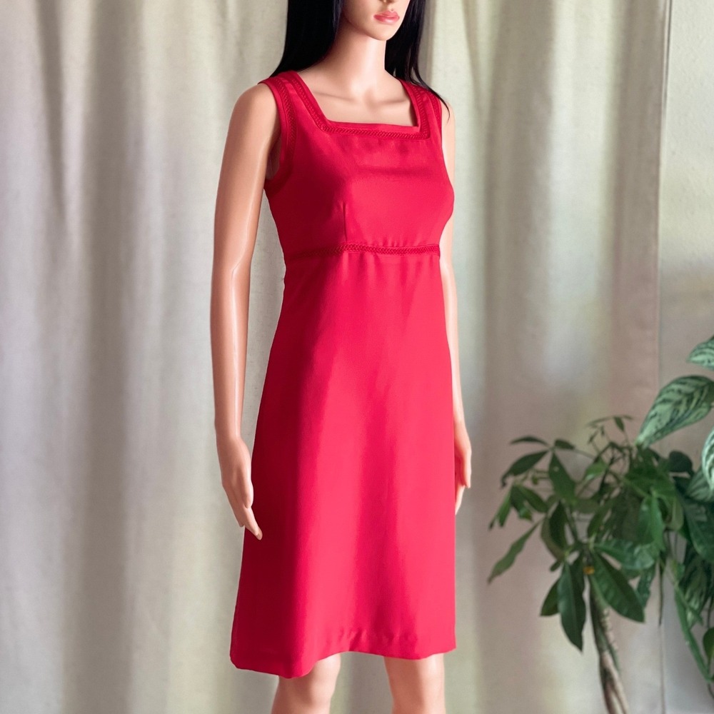 Vtg 90s Studio by Pat Argenti Red Sleeveless Square Neck Empire Waist Dress 8